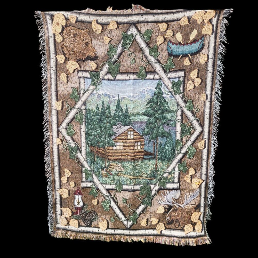 Tapestry Throw Blanket Rustic Cabin Decor Bear Moose Canoe Birch Woods 70"x52"